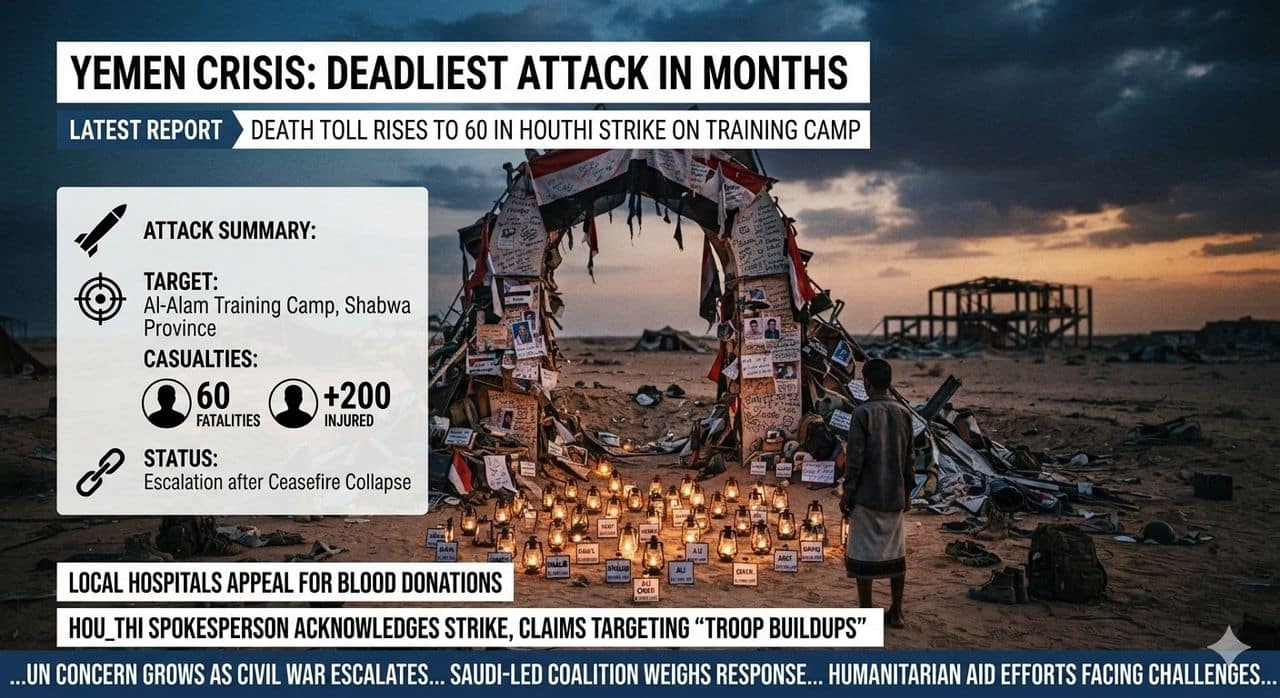 Death toll rises to 60 in Houthi strike on Yemen training camp in deadliest attack in months Death toll rises to 60 in Houthi strike on Yemen training camp in deadliest attack in months